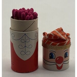 Vintage Santa Claus Round Red Match Box Holder w/Matches ~ Unstruck Complete 3"